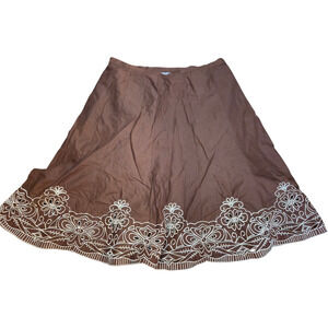 APT.9 Brown Embroidered Cotton A-Line Skirt Women’s 8 Boho Floral Lined Midi Hem
